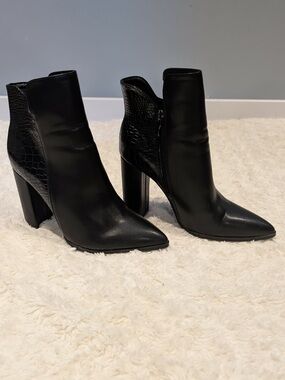 Black Pointed Toe Block Heel Ankle Boots - Women's